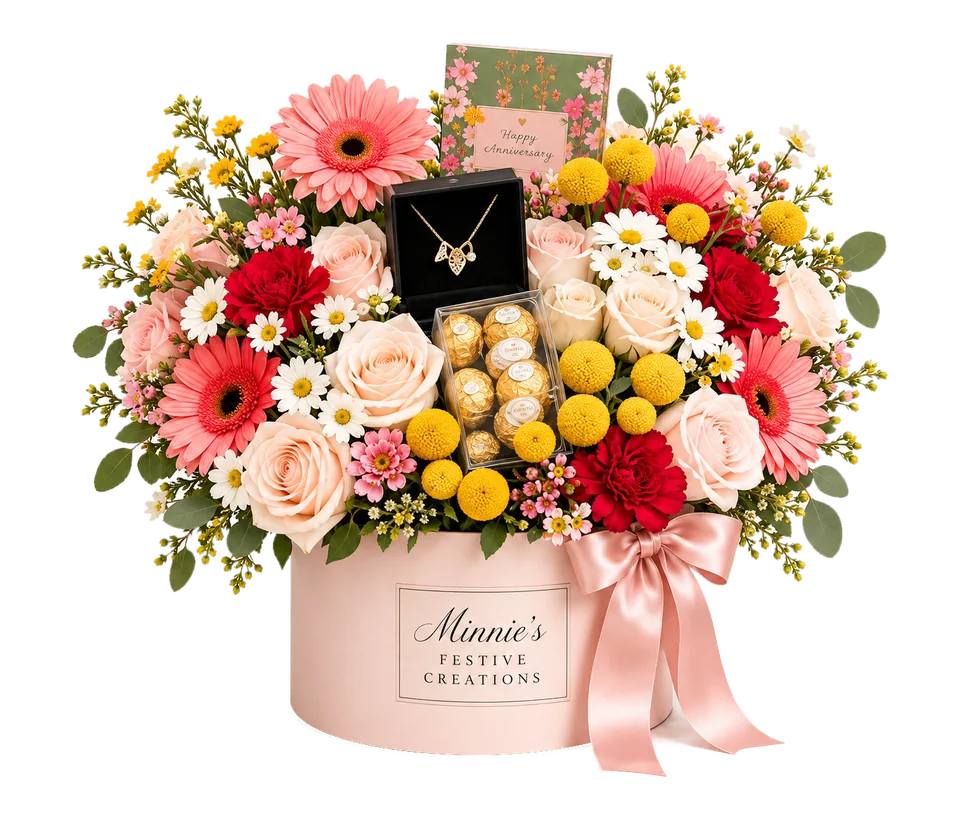 Custom arrangement of gerberas, roses and billy buttons with a necklace, chocolates and an anniversary card
